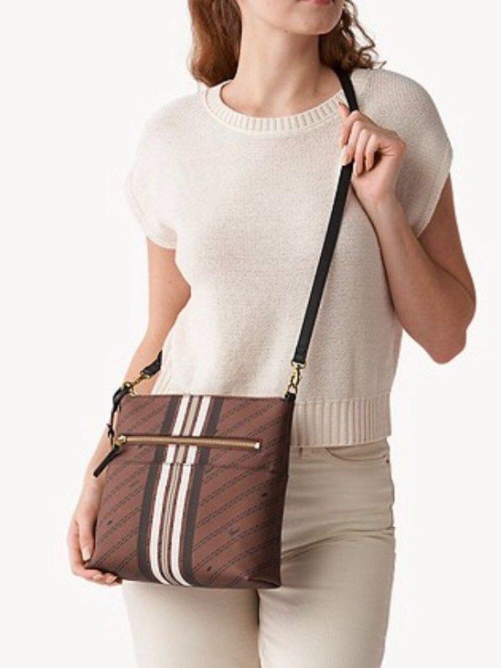 Fossil Fiona Small Crossbody Bag Brown Black Striped Logo Key Charm Adjustable